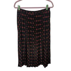 Vintage 80's Pleated Midi Skirt Size 12 Black Red Floral Elastic Waist Pull On